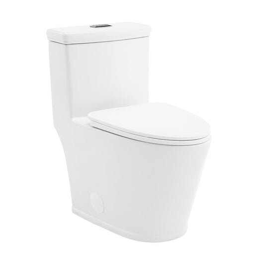 Elongated one-piece white toilet with dual-flush button on top and smooth skirted design.