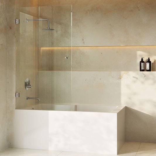 Voltaire 24 x 58 Frameless Pivot 3/8 in. (10mm) Ultra Clear Tempered Glass Tub Door with Nickel Brushed Hardware