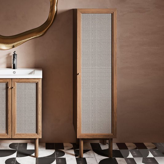 15.5x15x60-inch freestanding linen cabinet in Toppan oak with fabric-textured door panel, modern design.