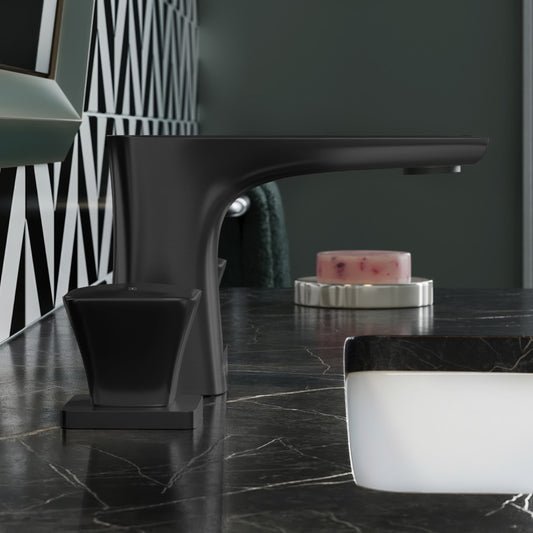 Widespread bathroom faucet in matte black, 2-handle design with sleek, angular spout and base.