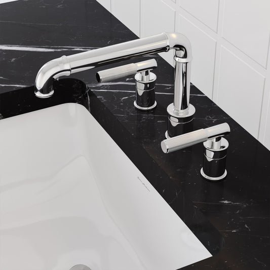 Widespread bathroom faucet in chrome with sleek cylindrical handles on black marble countertop.