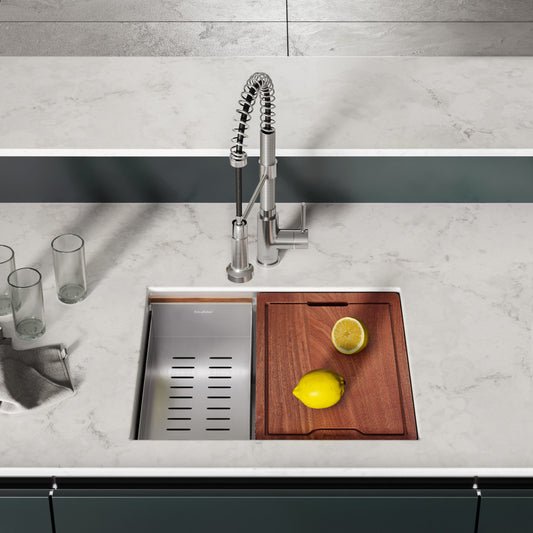 22 x 19 undermount single basin kitchen sink with stainless steel drainboard and wooden cutting board insert.