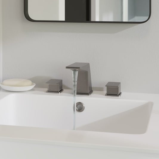 Carre 8 in. widespread bathroom faucet in brushed nickel, 2-handle design with water flowing.