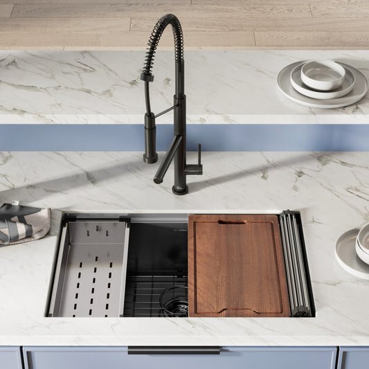Tourner 30x19 black stainless steel undermount single basin kitchen workstation sink with faucet and accessories.