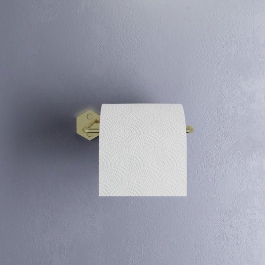 Brushed gold toilet paper holder with geometric wall mount and cylindrical bar, modern design.