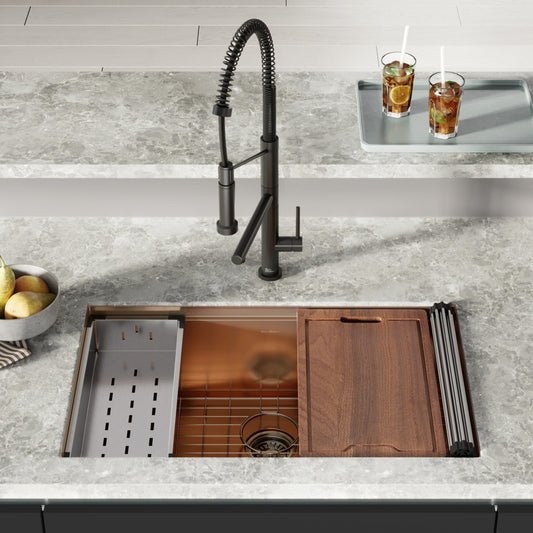 18 gauge stainless steel undermount kitchen sink, 32 inch, polished rose gold finish, workstation style.