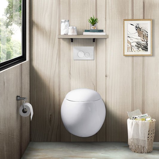 Elongated wall-hung toilet bowl in white with concealed plumbing and modern round design.