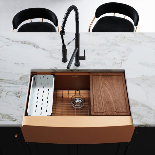 33x22 inch rose gold farmhouse kitchen sink with single basin, apron front, and integrated accessories.