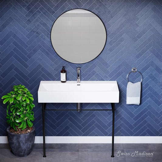 40-inch white ceramic console sink with black metal legs, rectangular basin, modern bathroom design.