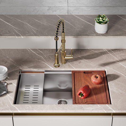 32x19 stainless steel undermount single basin kitchen workstation sink with accessories.