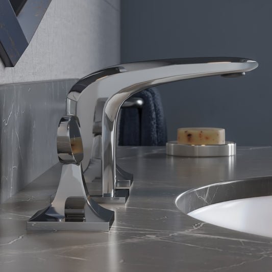 Chateau widespread bathroom faucet in chrome, 2 handles, sleek angular design.