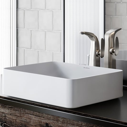 Rectangle white ceramic vessel sink with smooth curved edges, modern minimalist design.