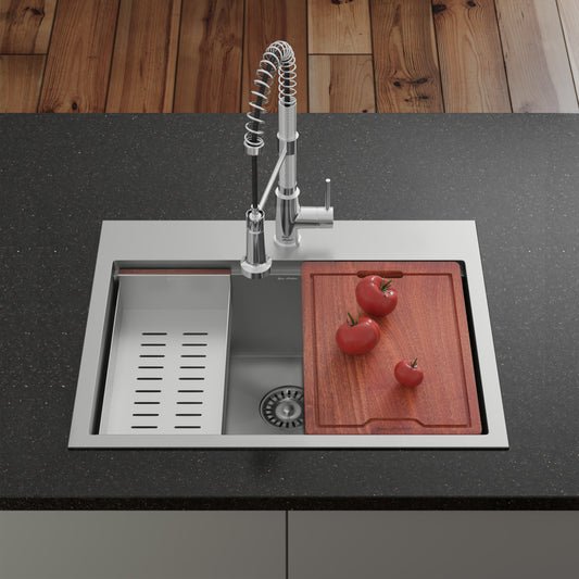 Single basin stainless steel topmount kitchen workstation sink with spring pull-down faucet and wooden cutting board.