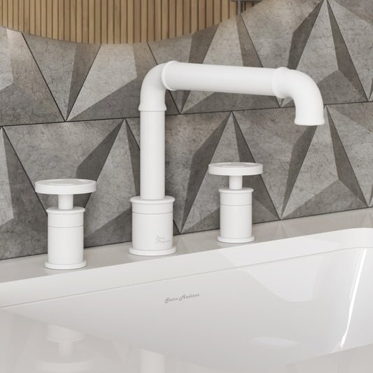 Widespread bathroom faucet in matte white with two handles and a wheel-style design.