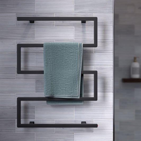 Electric 5-bar towel warmer in matte black with modern geometric design mounted on tiled wall.