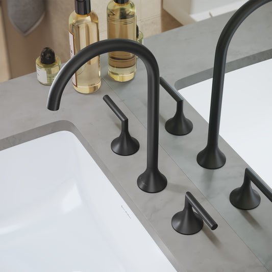 Widespread bathroom faucet in matte black, curved spout, dual lever handles.