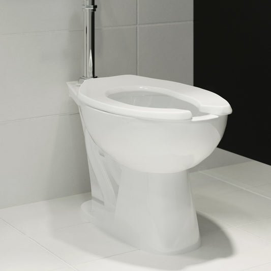 Elongated floor-mounted commercial toilet bowl with top flush spud flushometer, white ceramic.