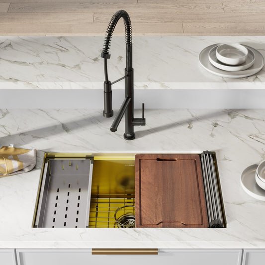 30 x 19 inch gold stainless steel undermount single basin kitchen sink with workstation accessories.