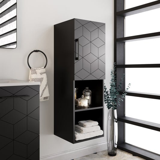 15" wall-mount linen cabinet in phantom black with soft-close doors and open shelf.