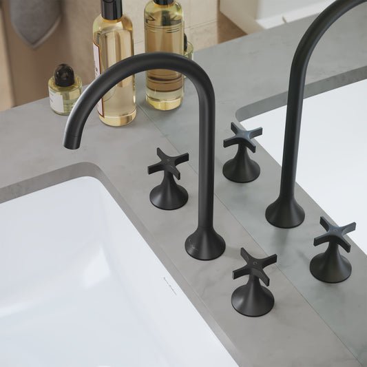 Widespread bathroom faucet in matte black with cross handles and arched spout.