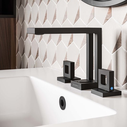 Widespread bathroom faucet in matte black with double square handles and modern angular spout.