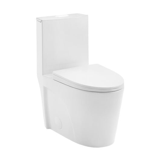Elongated one-piece white toilet with comfort height and dual-flush vortex system.