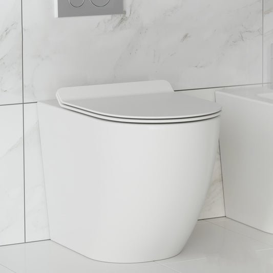 Elongated back-to-wall toilet bowl in white with soft-close seat and minimalist design.
