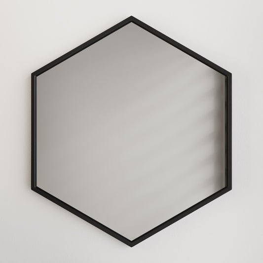 19" hexagon vanity mirror in phantom black frame, wall-mounted design.